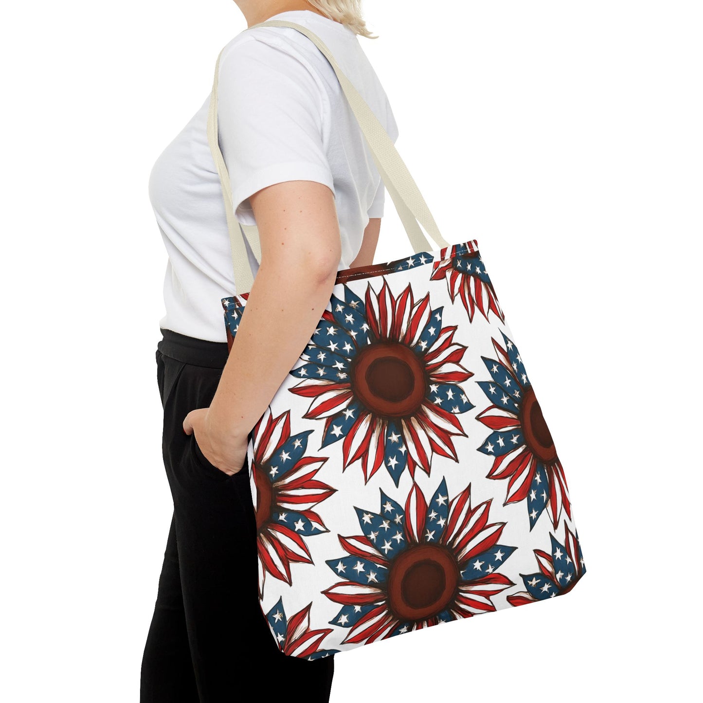 Patriotic Sunflower Tote Bag, Floral Beach Bag, Summer Shopping Tote, Gift for Her, USA Theme Accessories, Fourth of July Decor