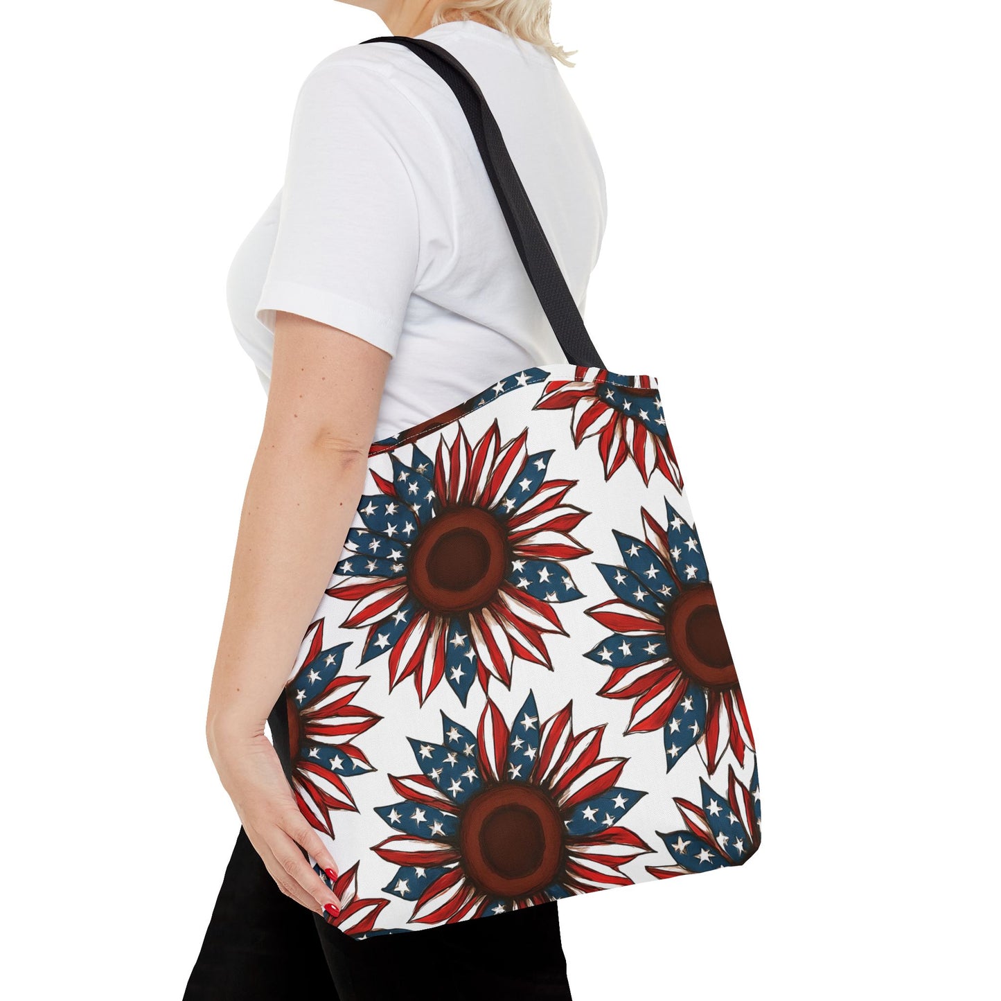 Patriotic Sunflower Tote Bag, Floral Beach Bag, Summer Shopping Tote, Gift for Her, USA Theme Accessories, Fourth of July Decor