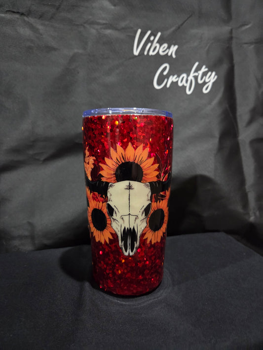 20 oz Stainless Steel Red Sunflower/Skull cup