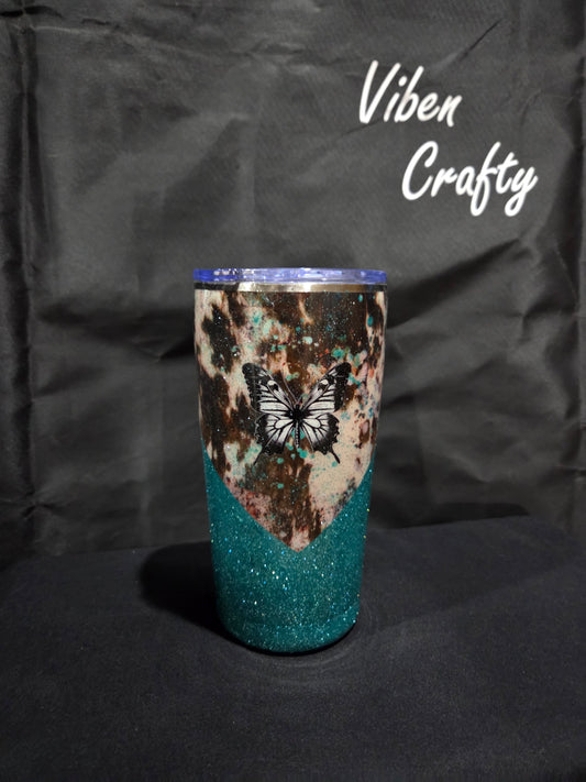 20 oz Teal/Cow print Butterfly